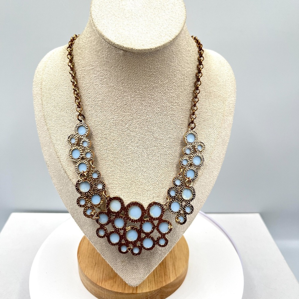 Vintage Retro Sky Blue Cabochon Bib Statement Necklace Gold Tone Geo Bubbles - Picture 11 of 13
